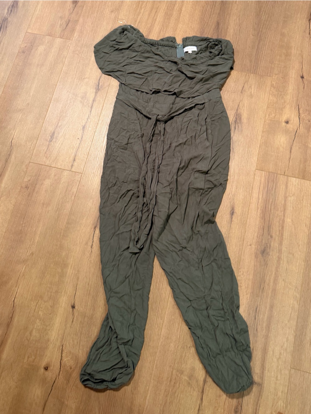 Off-the-Shoulder Olive Green Jumpsuit with Self-Tie Waist